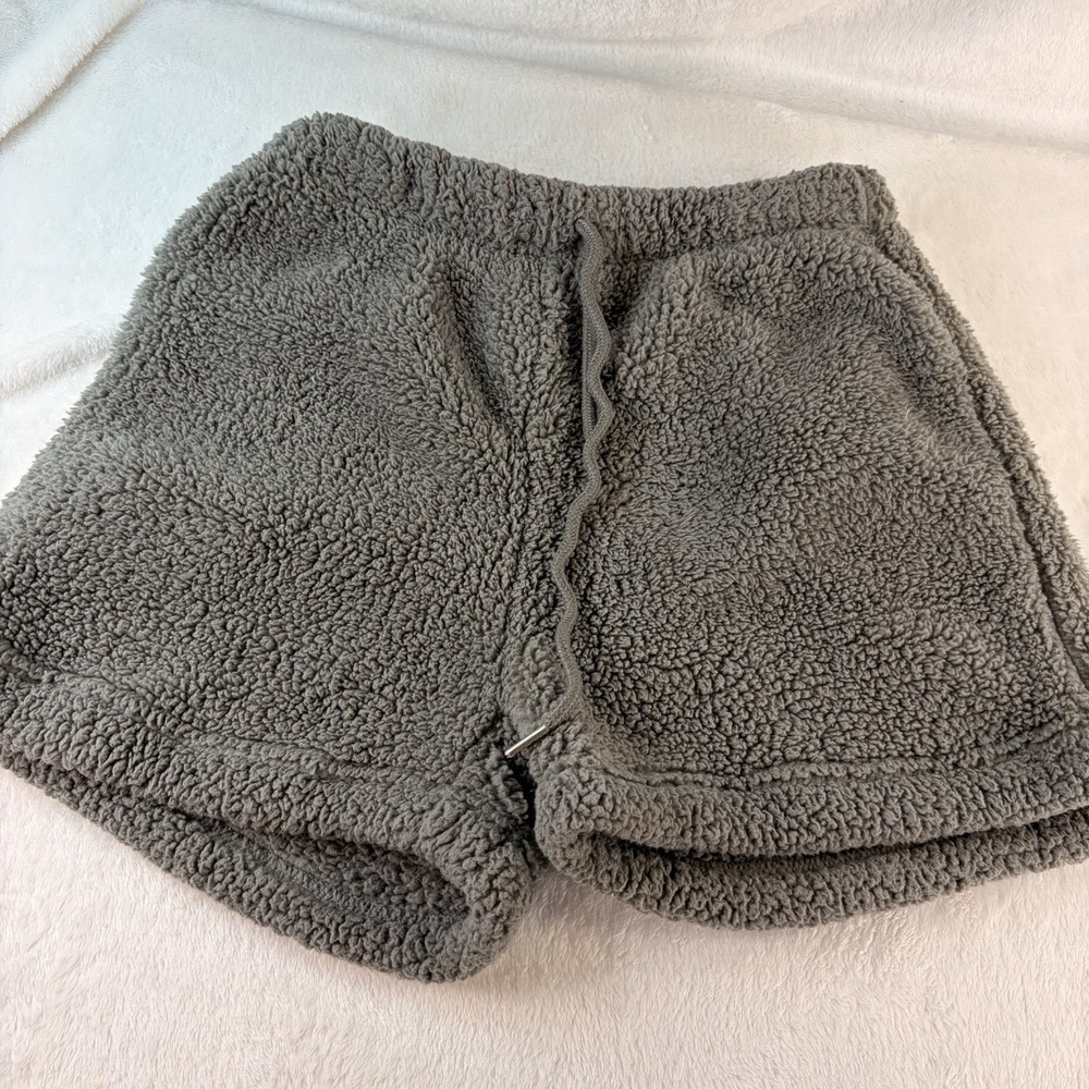 Grey Teddy Bear Fuzzy Boucle Knit Drawstring Shorts Medium Soft Girl Streetwear